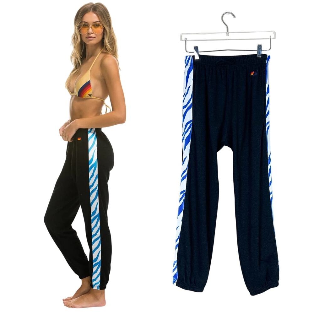 Aviator Nation | Zebra Stripe Print Black Blue White Joggers Sweatpants Medium